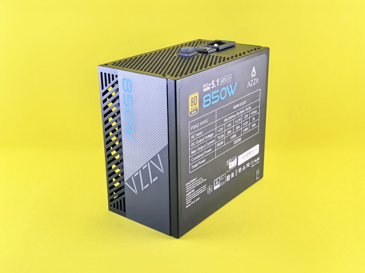 Modern 850W power supply unit with 80 Plus Gold certification, ideal for gaming PCs.